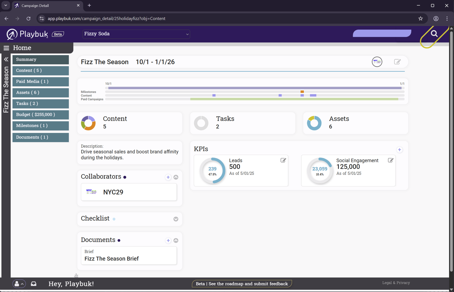 A campaign hub in Playbuk with content, tasks and budget